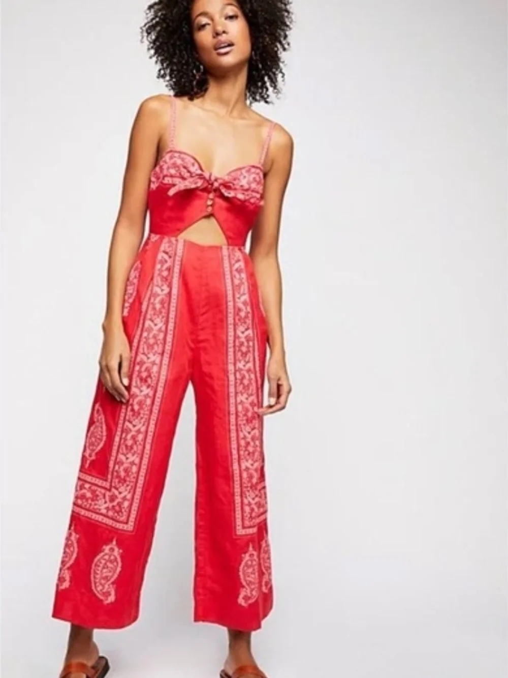 Free People Feel The Sun Red Paisley Jumpsuit Linen Blend / Size 10